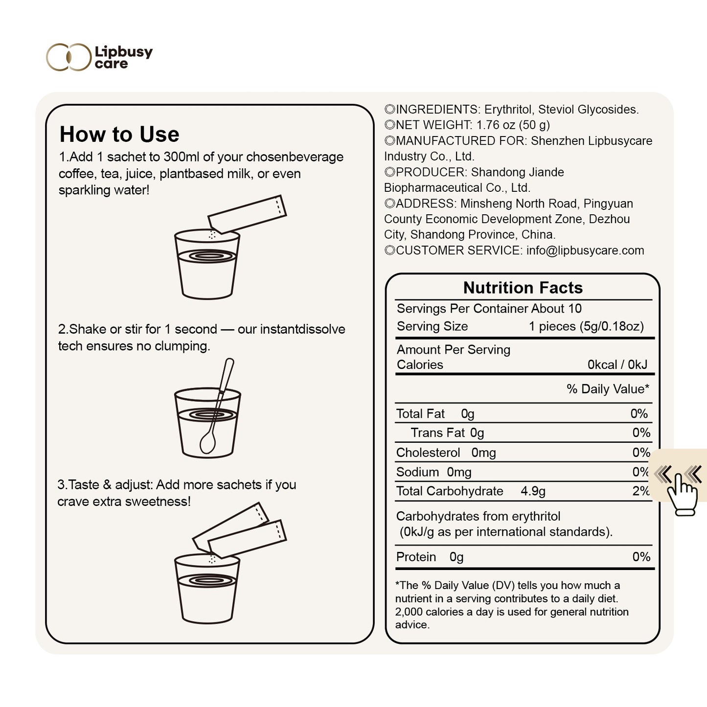Natural Zero Calorie Pocket Sweetener - Healthy Sugar Substitute for Coffee, Tea & Baking