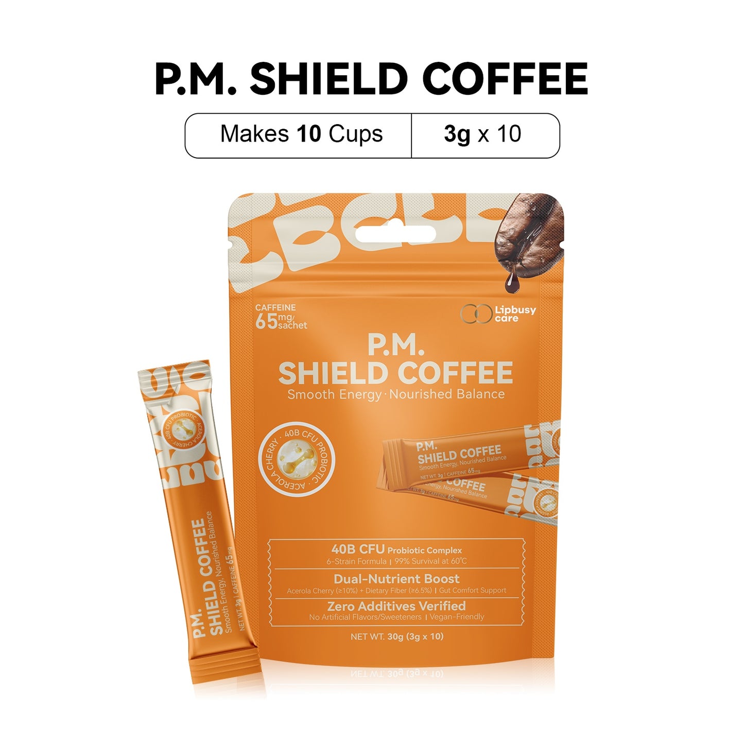 LIPBUSYCARE Instant Coffee Sachets, 10 Single-Serve Sticks - Daily Black, A.M. Revive or P.M. Shield
