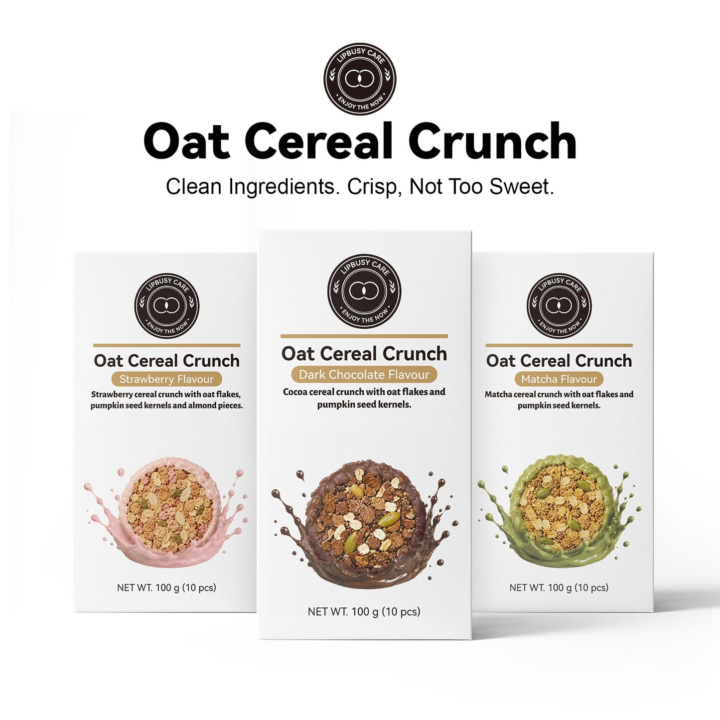 LIPBUSYCARE Oat Cereal Crunch, 10%+ Oat Flakes & 5%+ Pumpkin Seeds, No Sucrose Added, 0 g Trans Fat, 100 g (10 Pieces) - 3 Flavors
