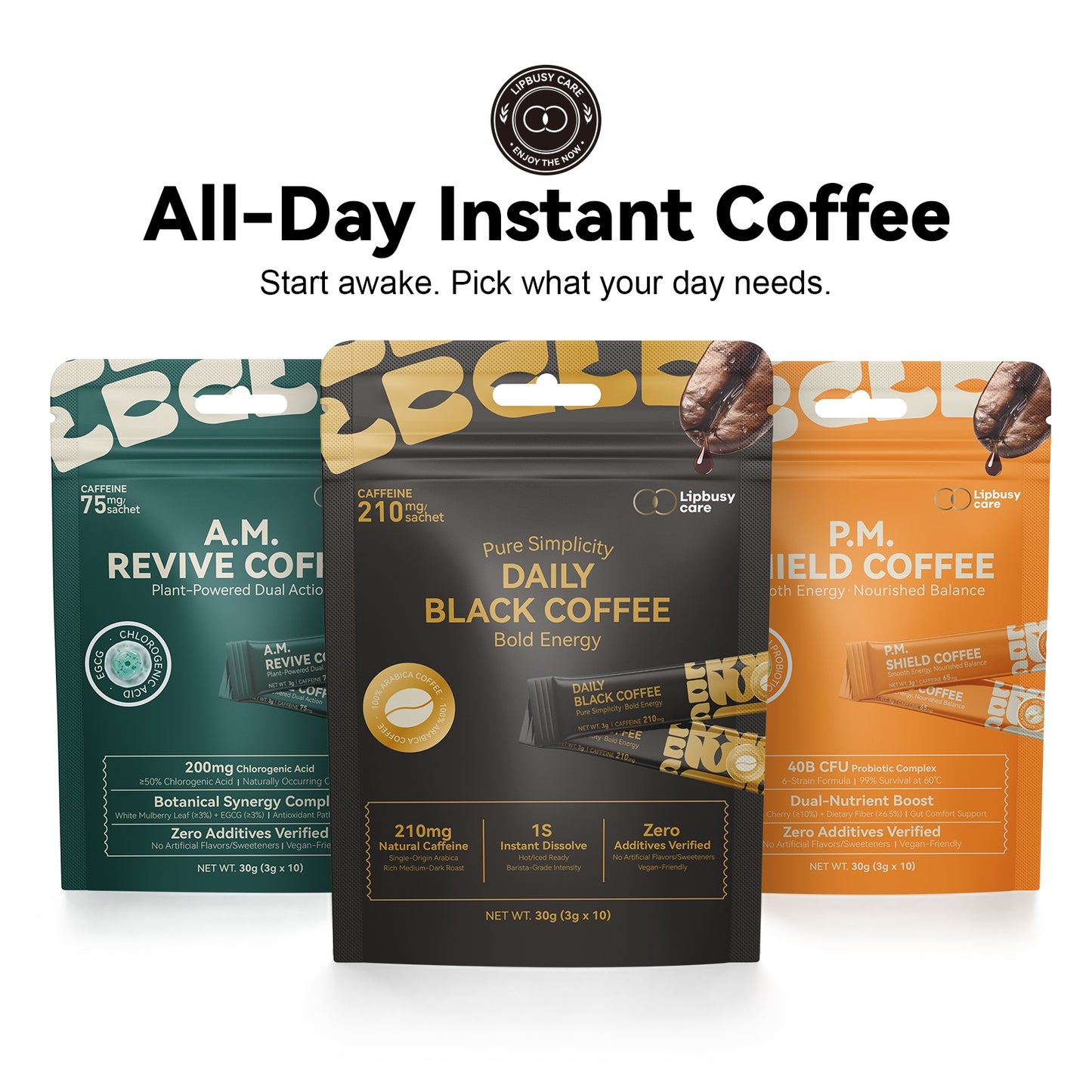 LIPBUSYCARE Instant Coffee Sachets, 10 Single-Serve Sticks - Daily Black, A.M. Revive or P.M. Shield