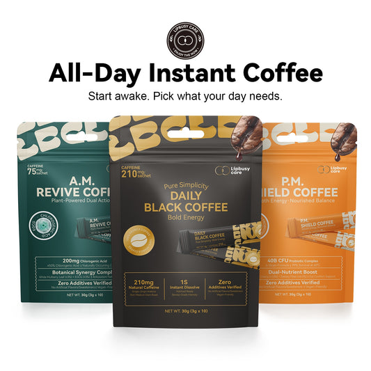 LIPBUSYCARE Instant Coffee Sachets, 10 Single-Serve Sticks - Daily Black, A.M. Revive or P.M. Shield