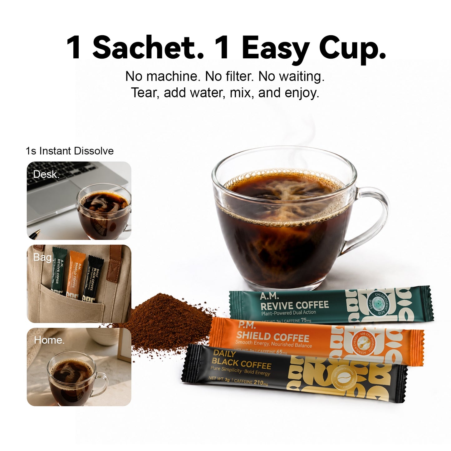 LIPBUSYCARE Instant Coffee Sachets, 10 Single-Serve Sticks - Daily Black, A.M. Revive or P.M. Shield