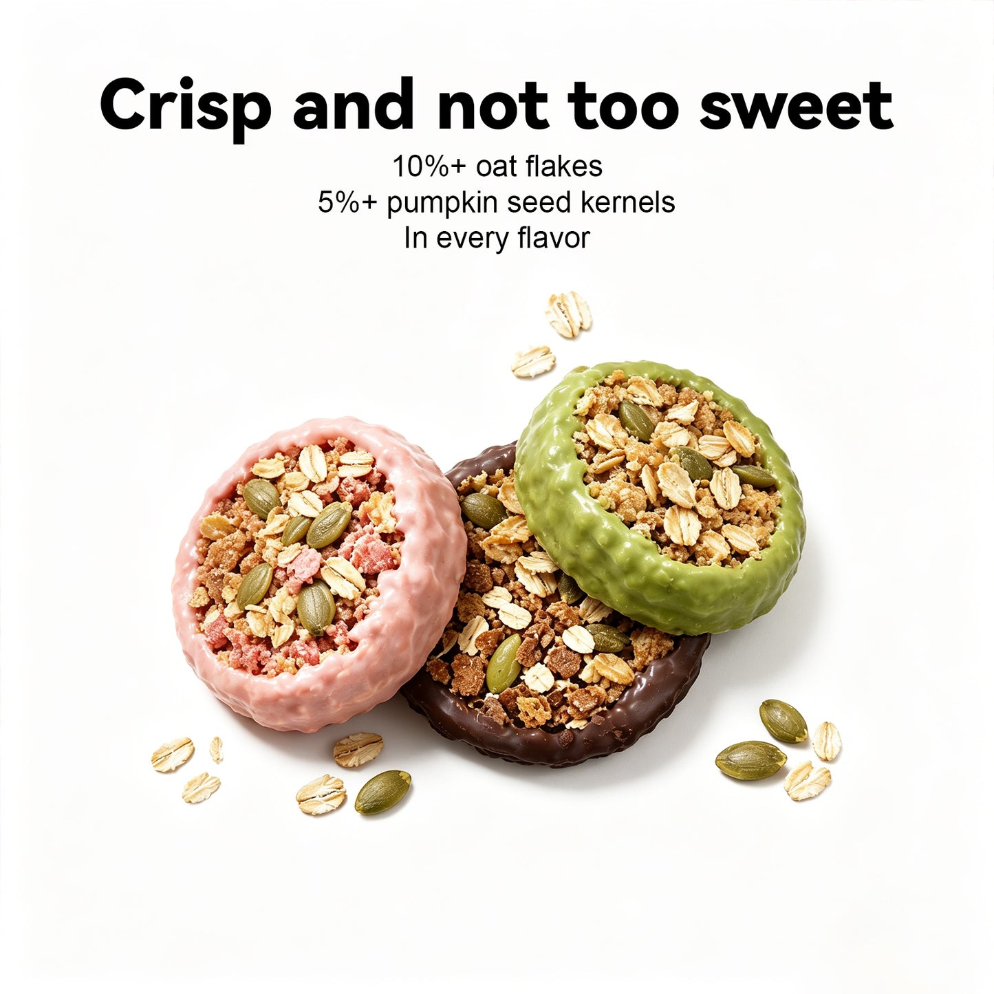 LIPBUSYCARE Oat Cereal Crunch, 10%+ Oat Flakes & 5%+ Pumpkin Seeds, No Sucrose Added, 0 g Trans Fat, 100 g (10 Pieces) - 3 Flavors