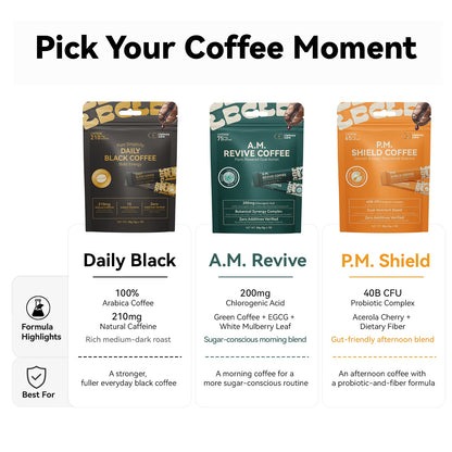 LIPBUSYCARE Instant Coffee Sachets, 10 Single-Serve Sticks - Daily Black, A.M. Revive or P.M. Shield