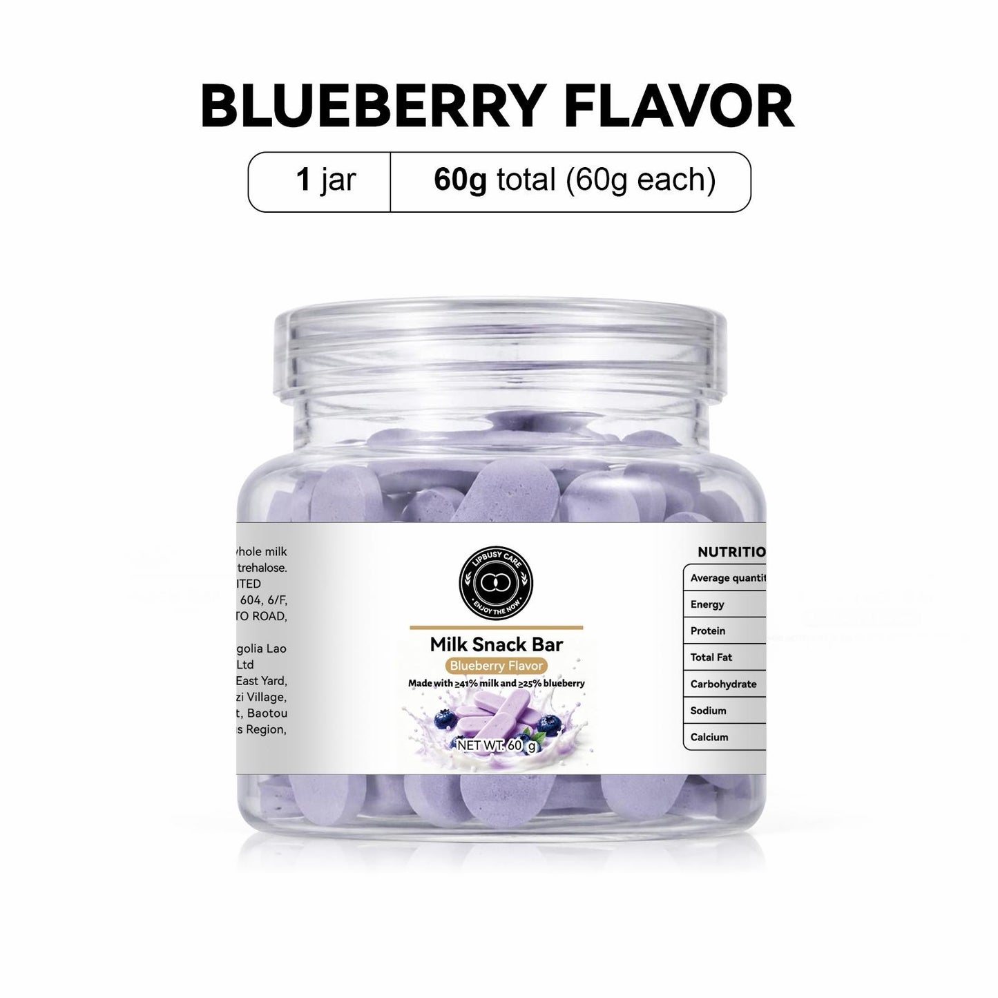 LIPBUSYCARE Milk Snack Bars, 60 g Resealable Jar - A2 Milk, Blueberry or Kumquat